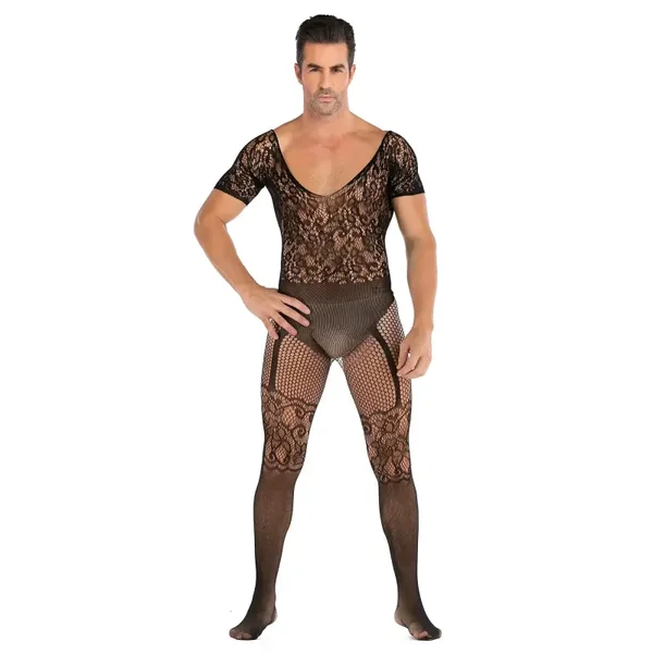 Zwarte Heren Body met Kant en Open Kruis
