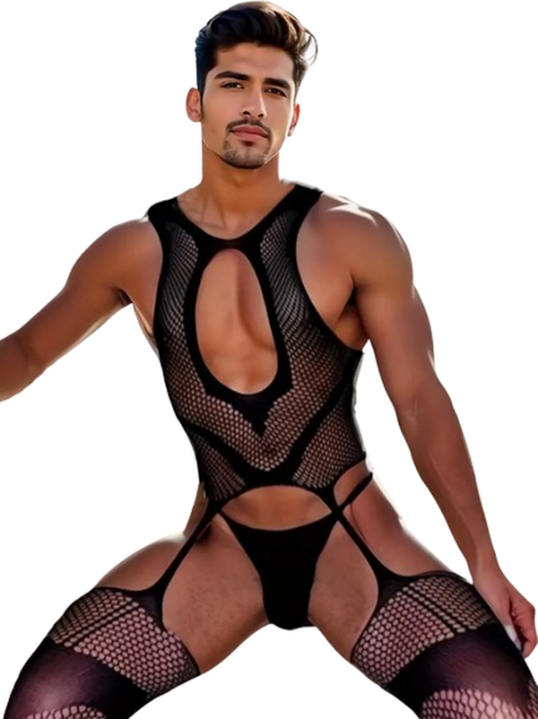 Mannen Bodystocking met Open Kruis en Jarretels