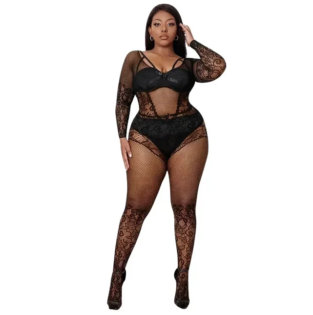 Stoute Plus Size Bodystocking met Bloemenkant en Visnet Details