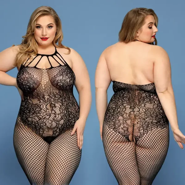 Plus Size Halter Bodystocking met Kant en Visnet
