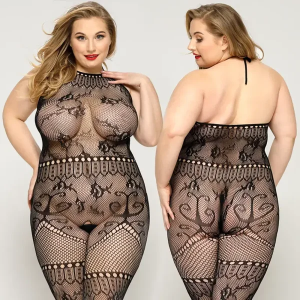 Plus Size Halter Bodystocking met Visnet & Kant