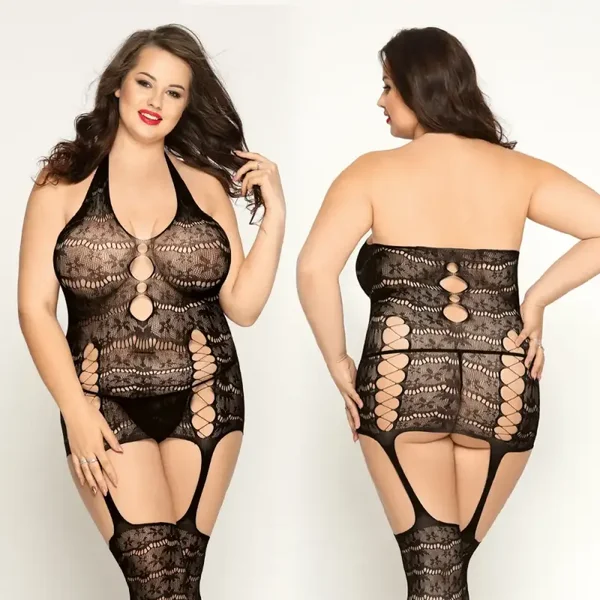 Plus Size Halternek Bodystocking met Open Design