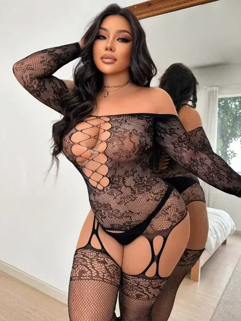 Plus size Bodystocking met Off Shoulder en Jarretellook