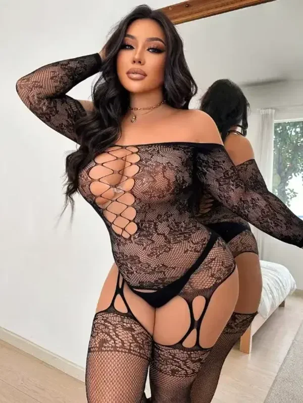 Plus size Bodystocking met Off Shoulder en Jarretellook