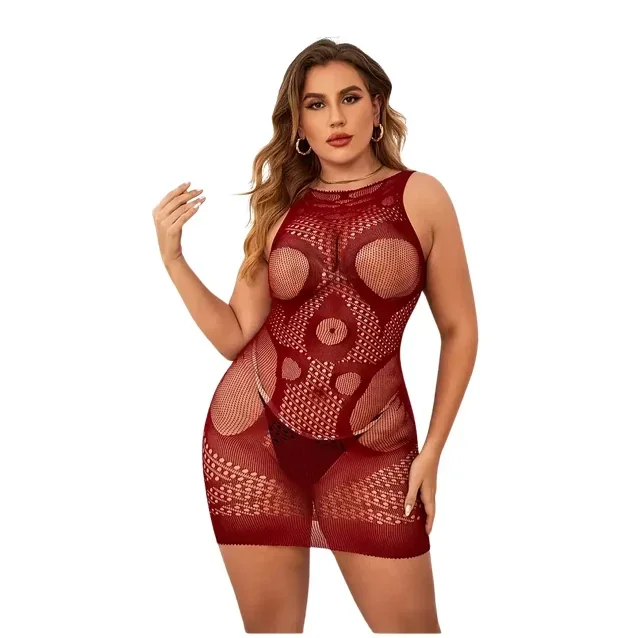 Sexy Rode Plus Size Jacquard Jurk met Geometrisch Patroon en Mesh