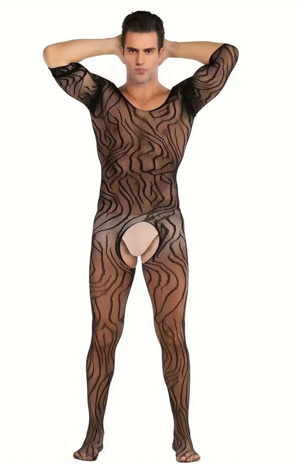 Zwarte Heren Bodystocking met Open Kruis