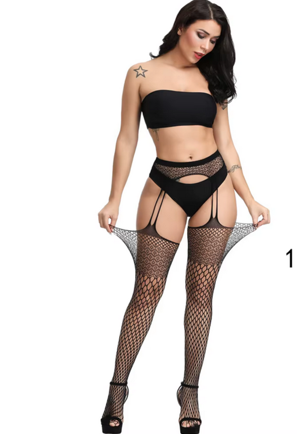 Zwarte Visnet Kousen met Jarretel-look en Verlopend Netpatroon