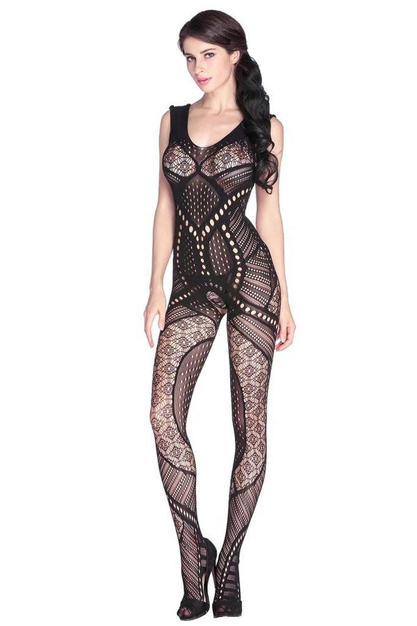 Sensuele Zwarte Bodystocking met Opengewerkt Kant en Open Kruis