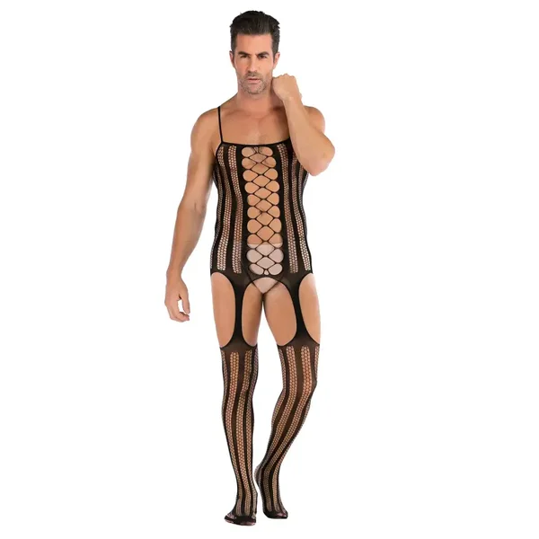 Sexy Zwarte Heren Bodystocking met Jarretel-look en Mesh