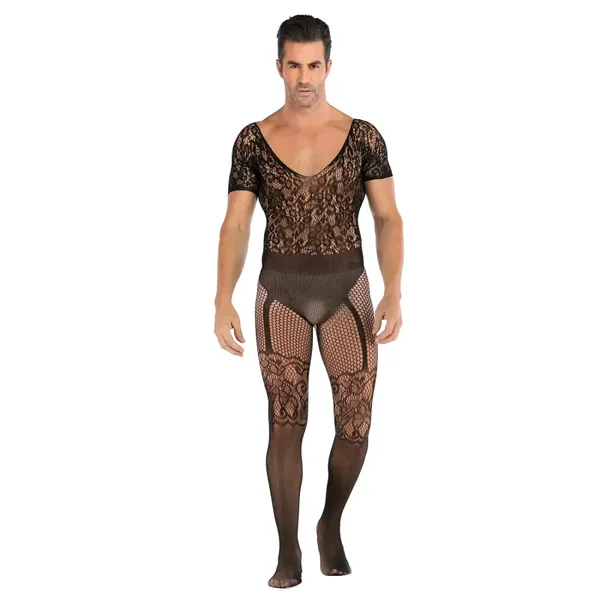 Sexy Zwarte Heren Bodystocking met Kant en Jarretel-look