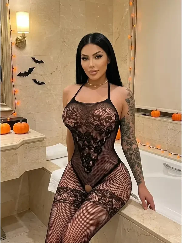 Zwarte Visnet Bodystocking met Bloemenmotief en Open Kruis