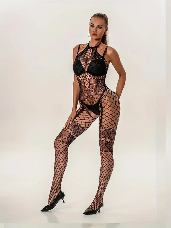 Zwarte Visnet Bodystocking met Open Kruis en Halterkraag