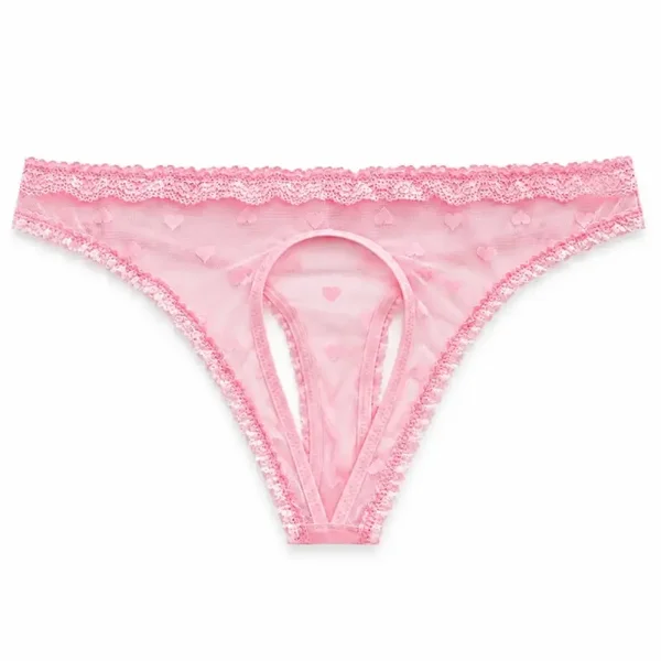 Sissy Heren String met Open Kruis - Roze Kant met Hartjes