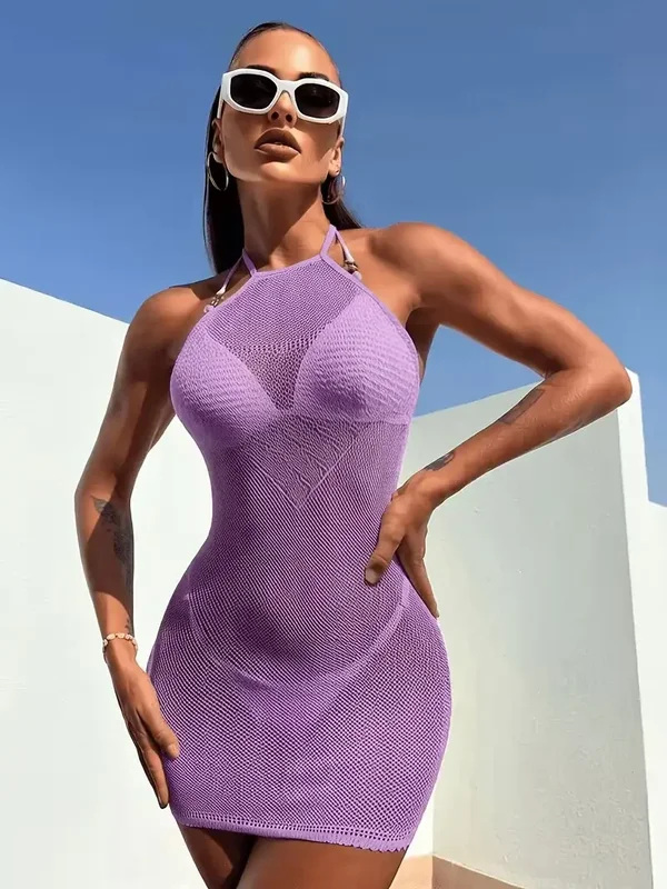 Paarse Transparante Mesh Mini Jurk