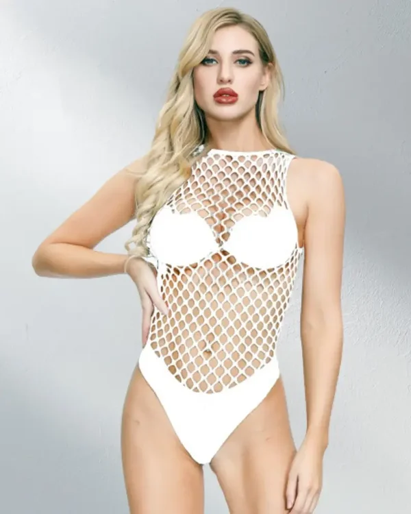 Visnet Bodysuit Wit met High Neck