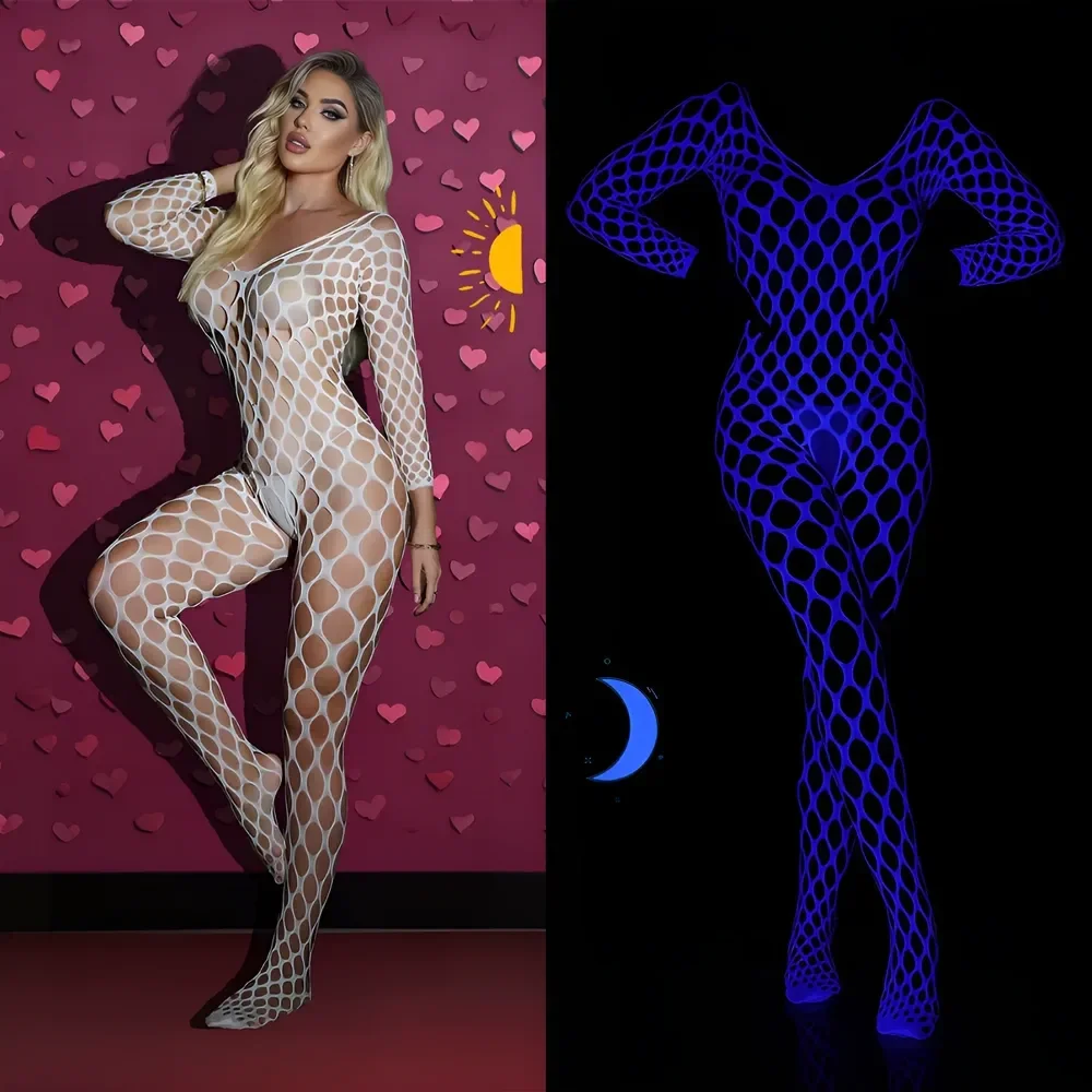 Glow in the Dark Blauwe Visnet Bodystocking