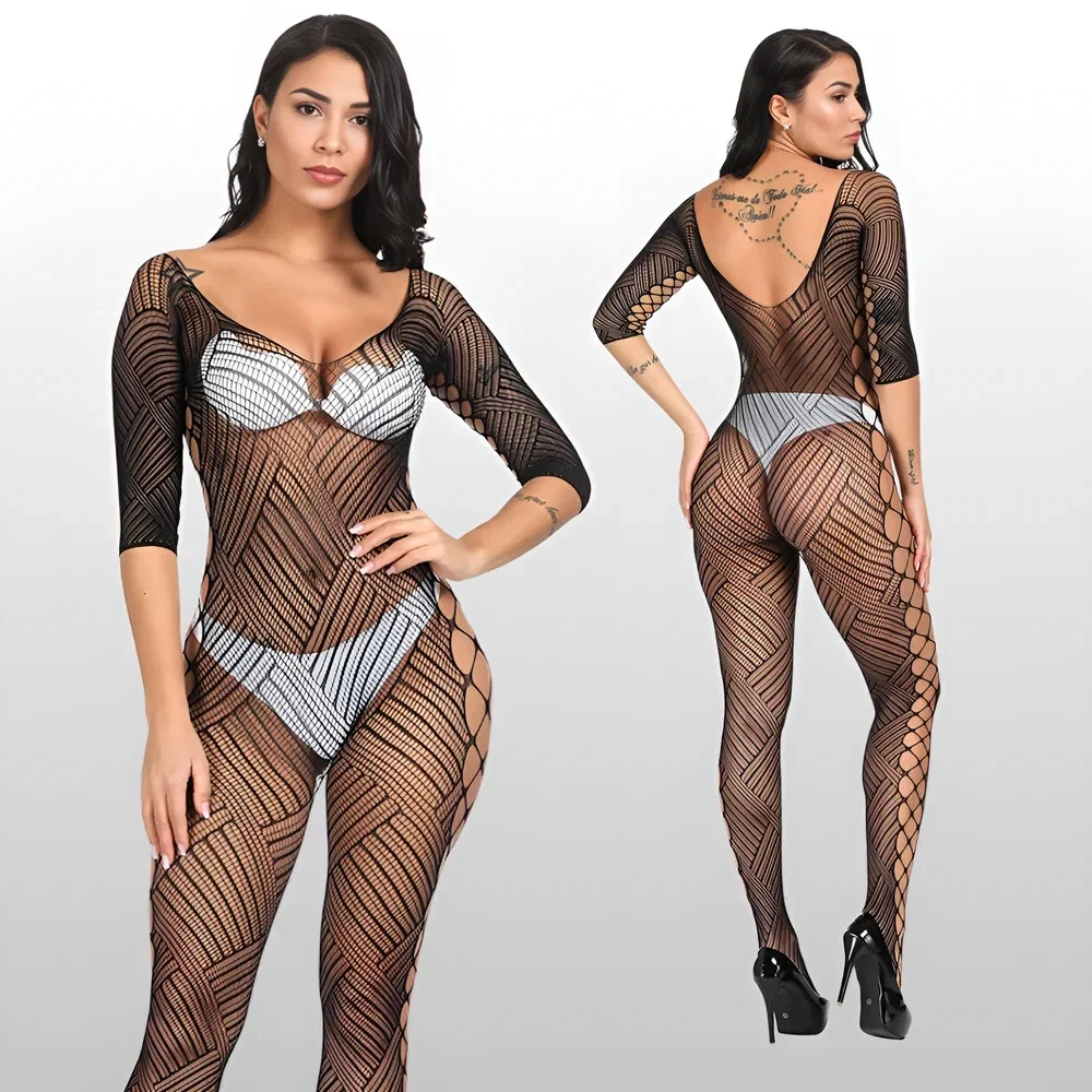 Zwarte Visnet Bodystocking met 3/4 Mouwen en Zij-openingen