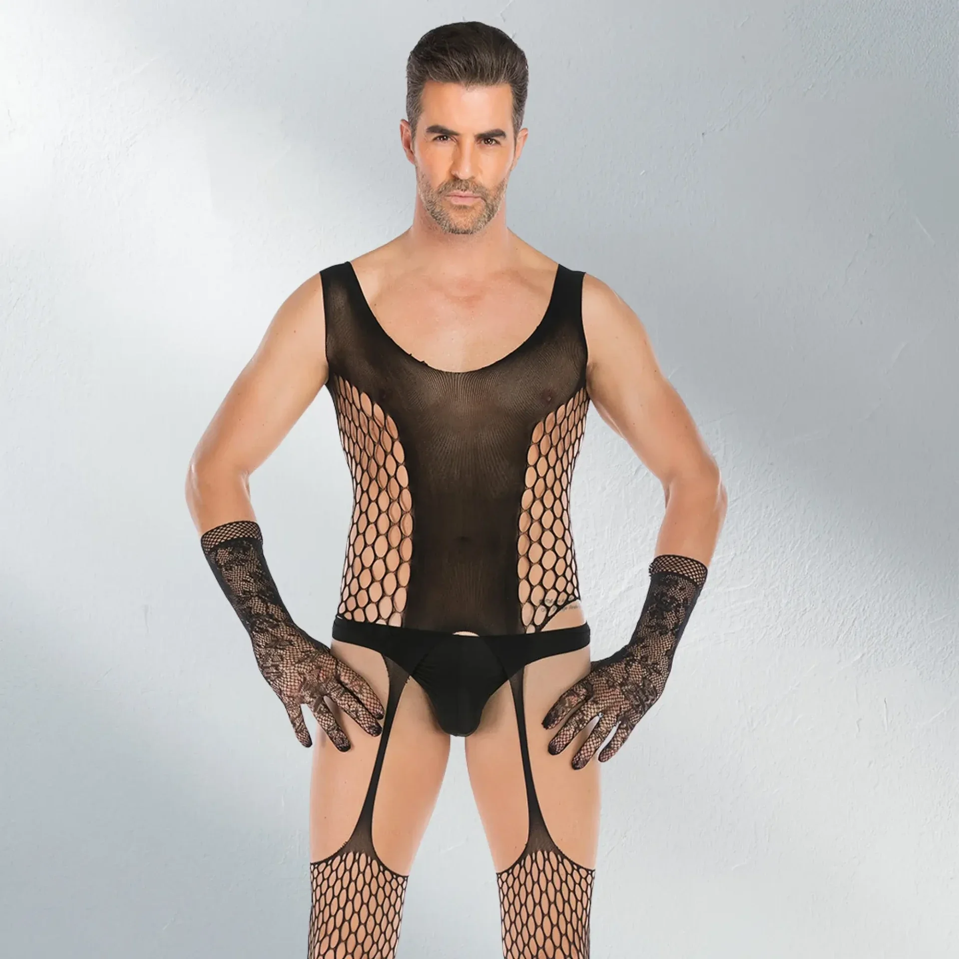 Zwarte Heren Bodystocking met Jarretels en Netstof