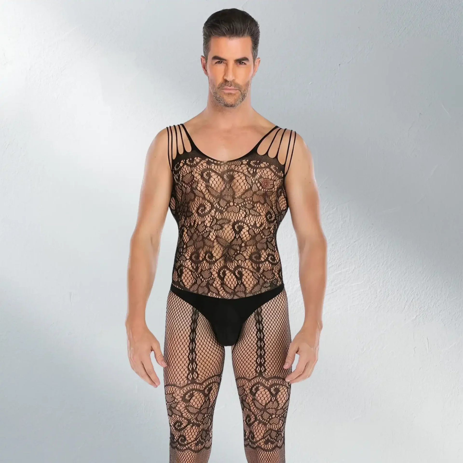 Zwarte Heren Bodystocking met Open Kruis en Kant