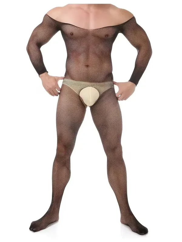 Zwarte Heren Bodystocking Off-Shoulder met Open Kruis