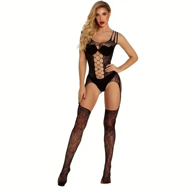 Zwarte Jarretelbody met Kousen & Open Design
