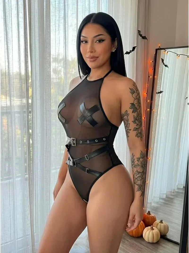 Zwarte Transparante Bodysuit met Bandjes