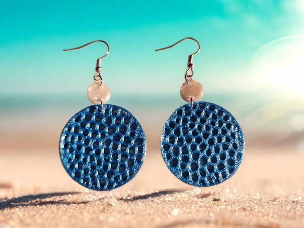 3D Printed Blue Circle with White dot earrings