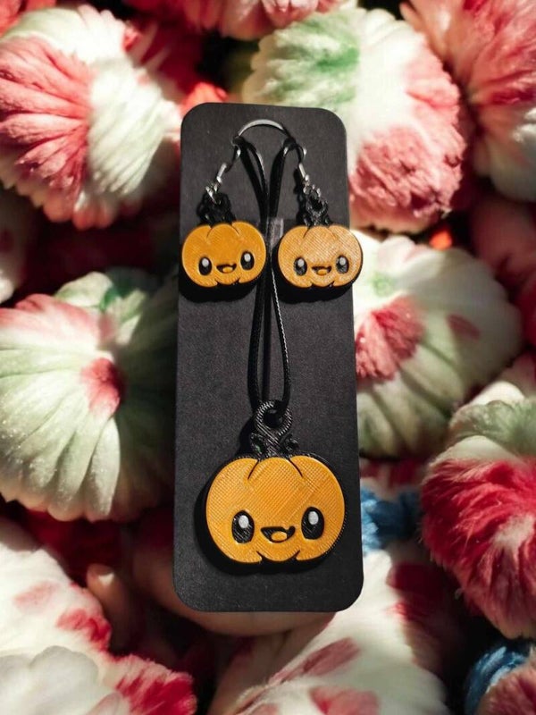 3D Printed Pumpkin Earring and Necklace Set