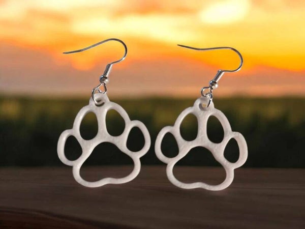3D Printed White Paw Print Earrings