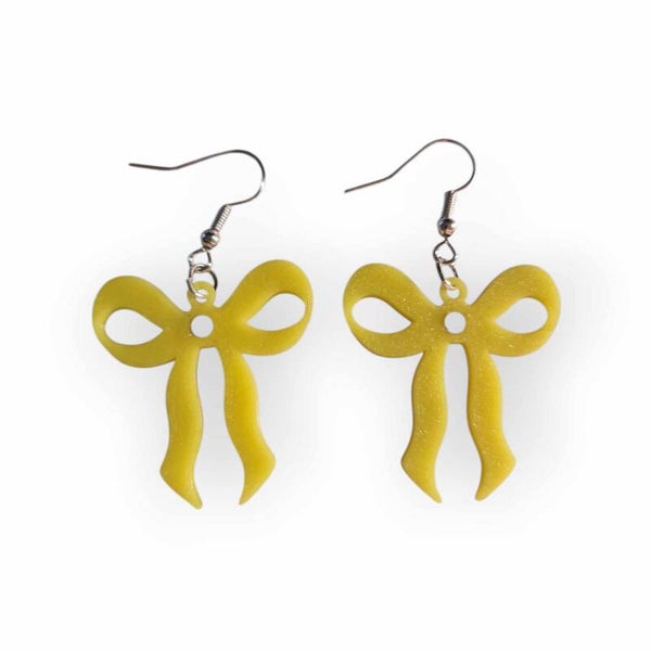 3D Printed Yellow Bow Earrings with Silver Dot Centre