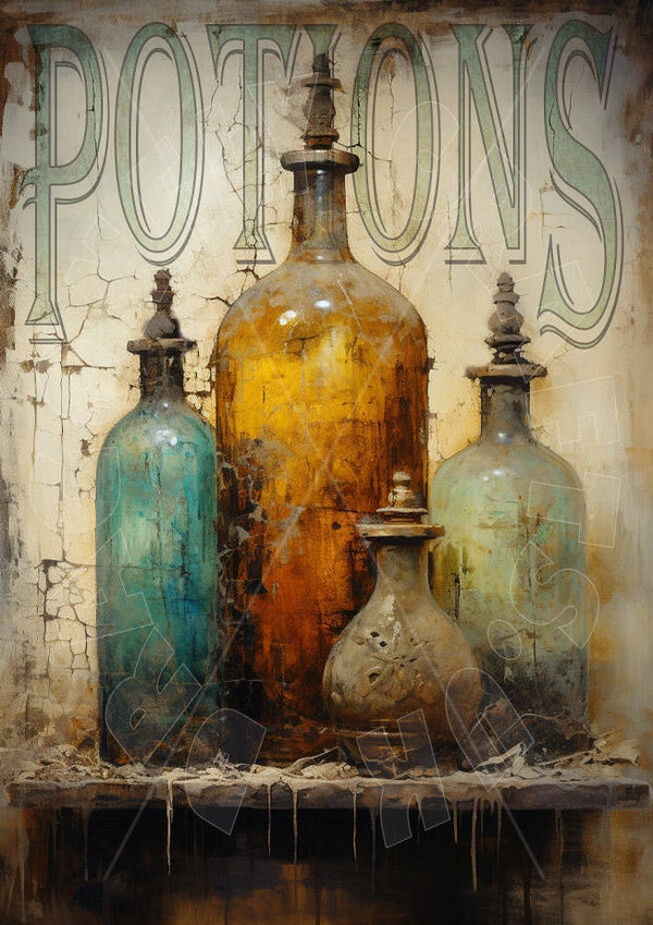 Grungy Potion Bottles 3 Rice Paper