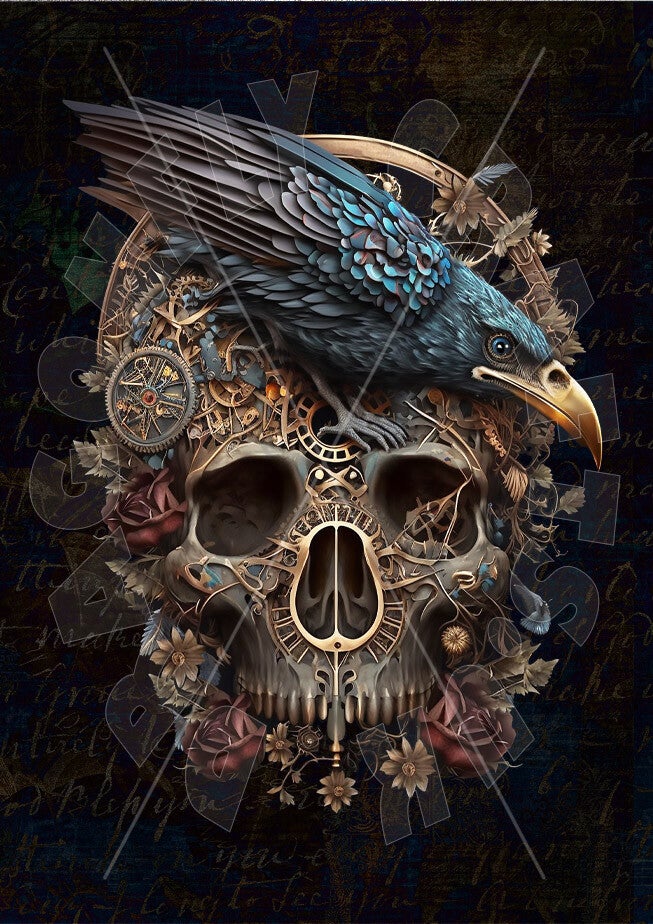 Steampunk Raven And Skull Reversed Rice Paper