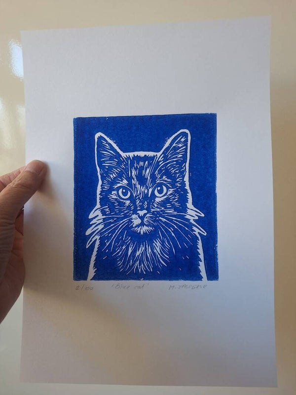 Linoprint Blue Cat