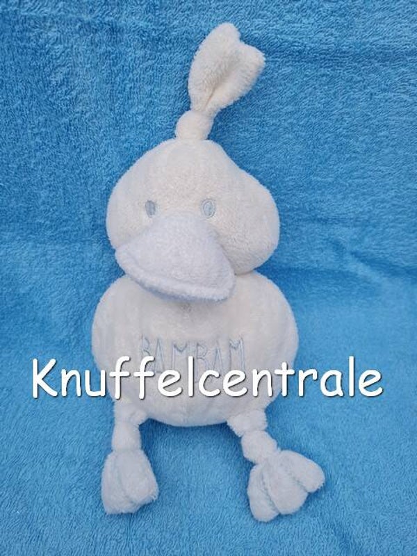 Bambam eend knuffel  met bel lichtblauw wit