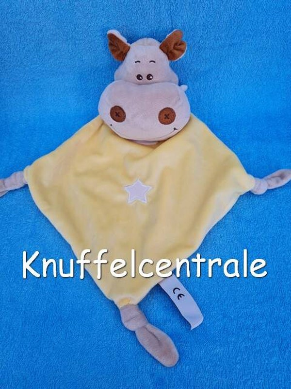 Evora Nijlpaard geel knuffeldoek met sjaal en rammel 46 cm (zonder label)