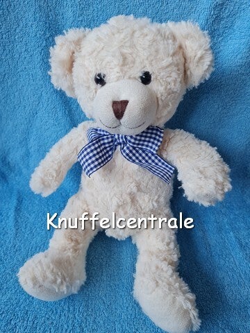 Sunkid beer wit met blauw geruit strikje 30 cm