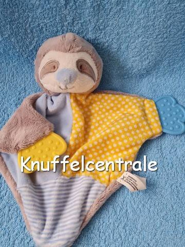 Tendertoys  Luiaard aap knuffeldoek driehoek met bijtflappen blauw en gele tinten