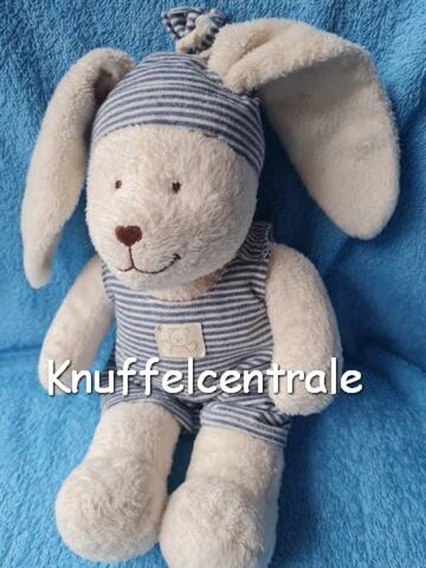 Nicotoy Konijn wit 26 cm met blauw wit muts + tuinbroek