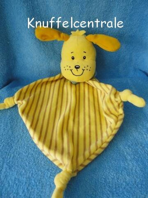 Evora hond knuffeldoek geel gestreept met sjaal en rammel