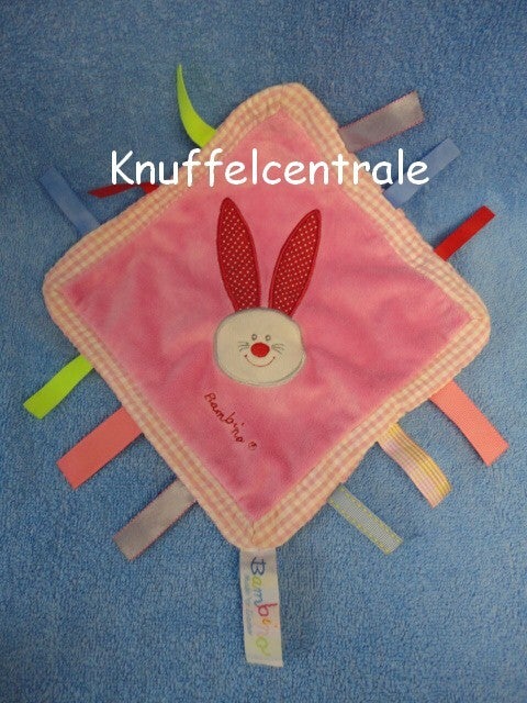 Bambino Konijn roze knuffeldoek labels met piep Tiamo