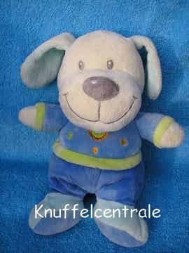Nicotoy hond wit met blauw pak met rammel