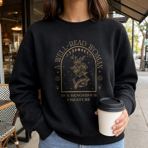 The Well Read Woman Is a Dangerous Creature Crewneck Sweater | Gothic Illustration, Botanical Skull Design