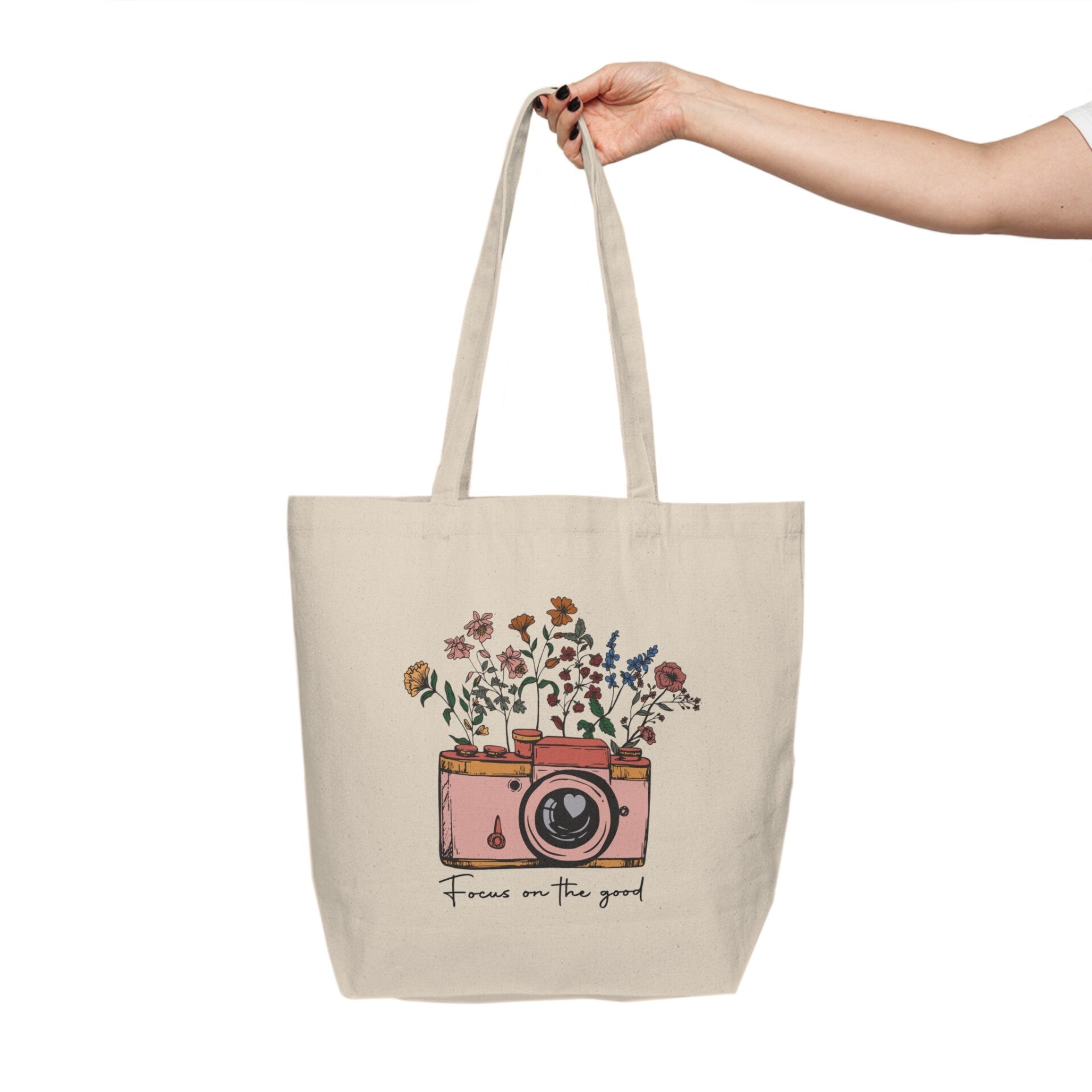 'Focus on the Good' | Floral Vintage Camera Canvas Tote
