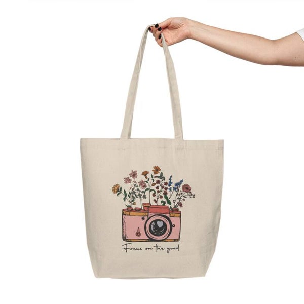 'Focus on the Good' | Floral Vintage Camera Canvas Tote