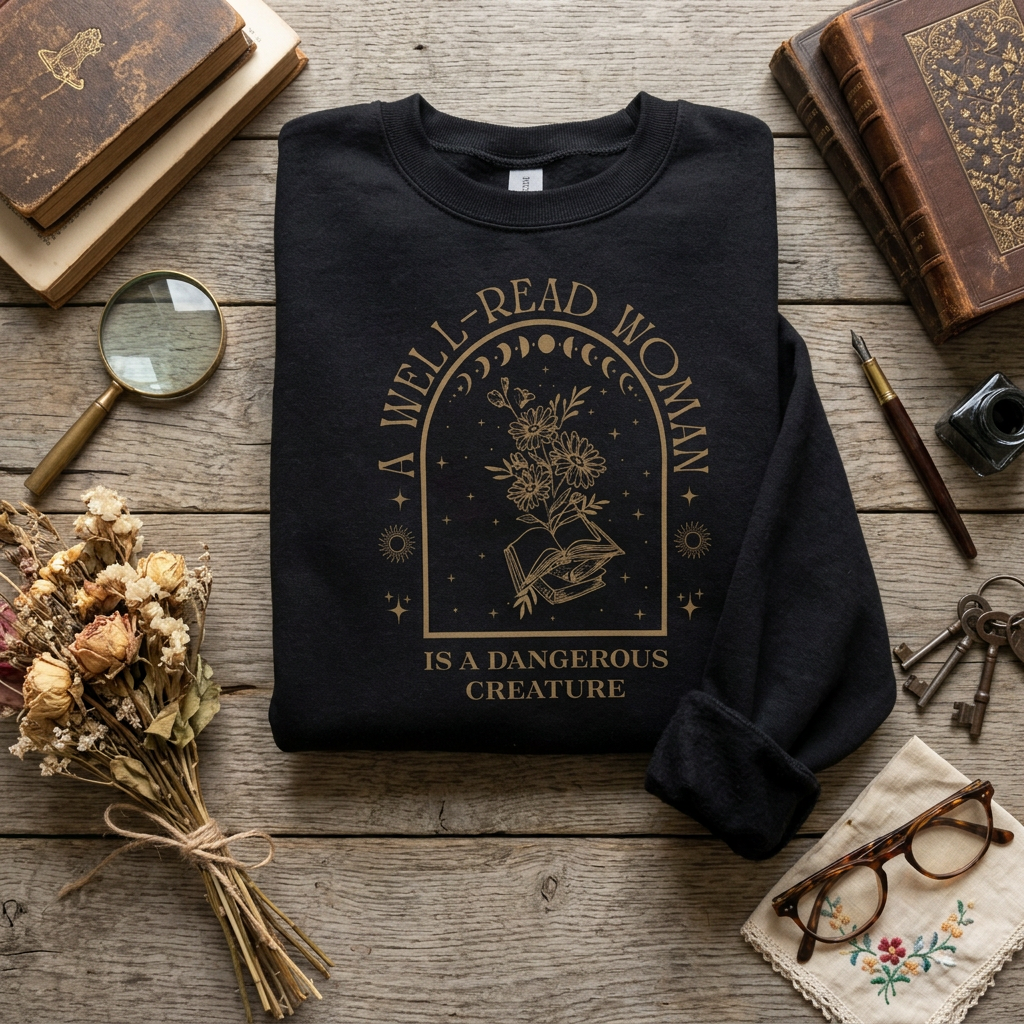 The Well Read Woman Is a Dangerous Creature Crewneck Sweater | Gothic Illustration, Botanical Skull Design