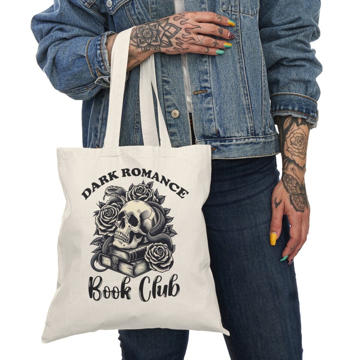 Dark Romance Skull & Roses Book Club Tote Bag | Gothic Literary Design
