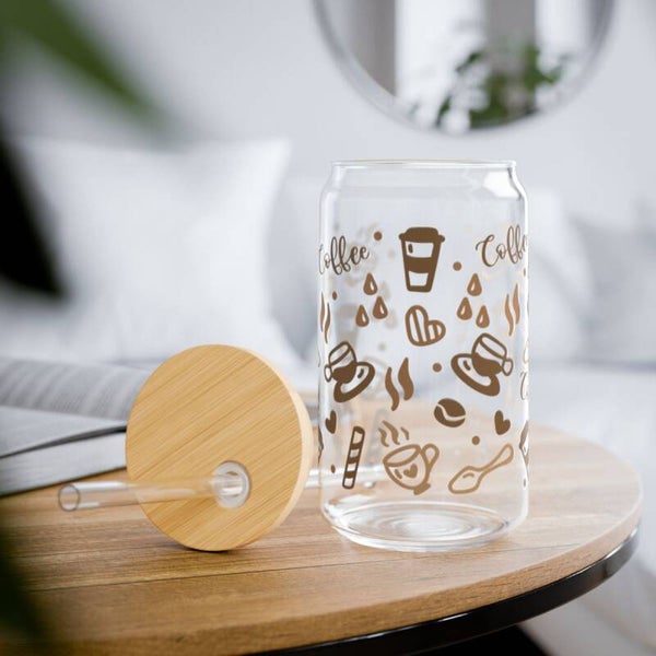 Coffee Doodle Sipper Glass 16oz | Clear Glass Straw Tumbler