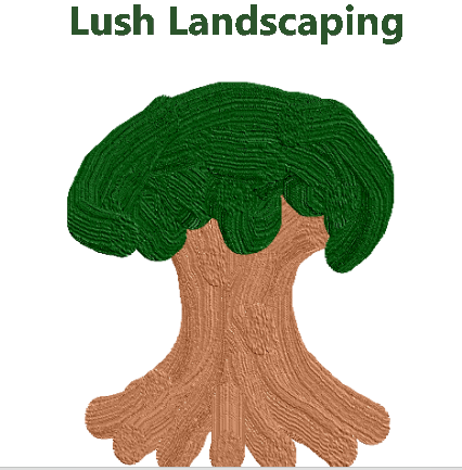A digitally painted tree with the words "Lush Landscaping" at the top.