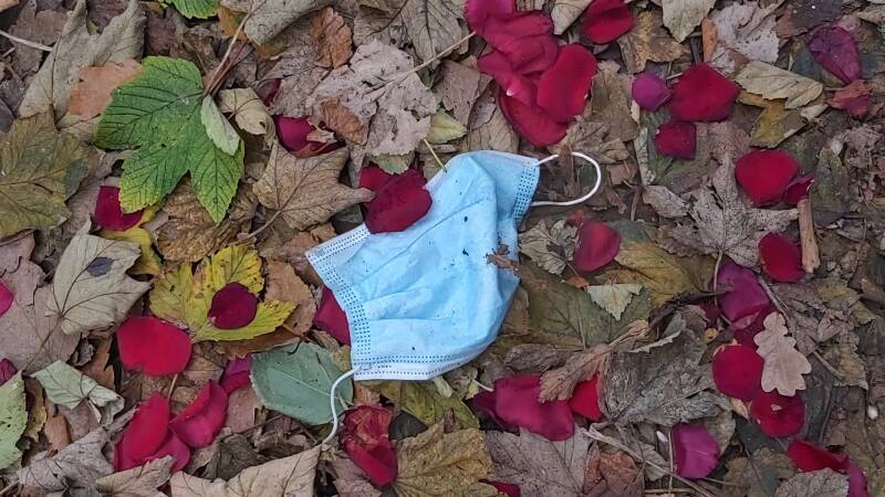 mondkapje tussen herfst bladeren