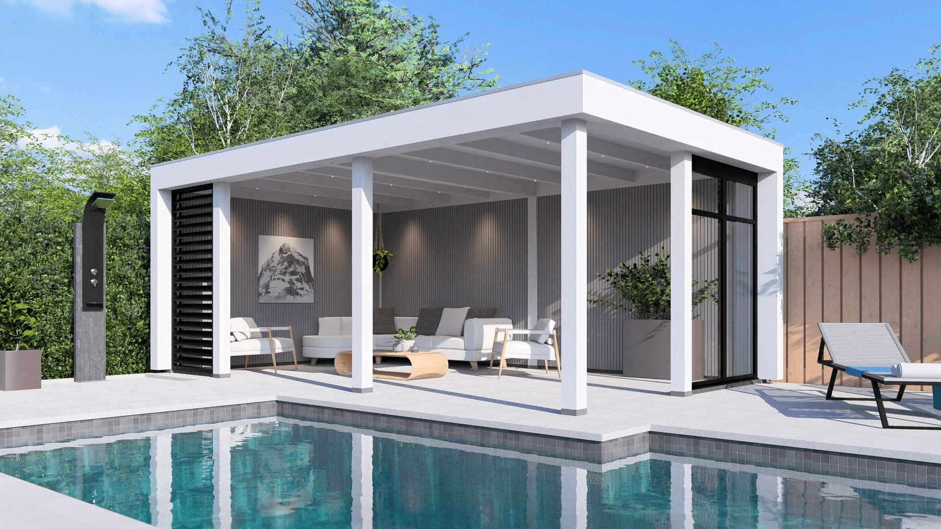 Modern buitenverblijf Athene met wit platdak, luxe loungegedeelte en glazen schuifwanden, gelegen naast een zwembad.